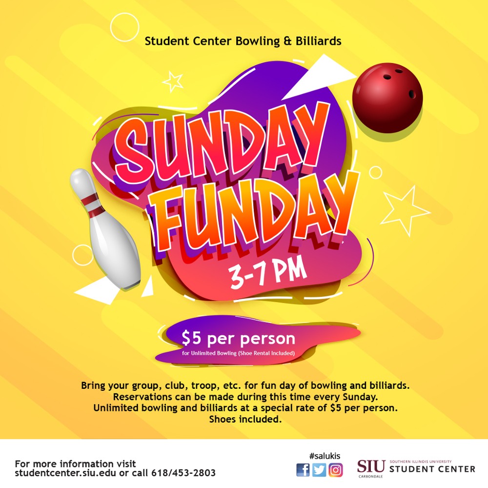 Sunday Funday - 3 - 7pm. $5 per person. Bring your group for a fun day of bowling and billiards. Reservations can be made during this time every Sunday. Unlimited bowling and billiards at a typical rate of $5 per person. Shoes included.