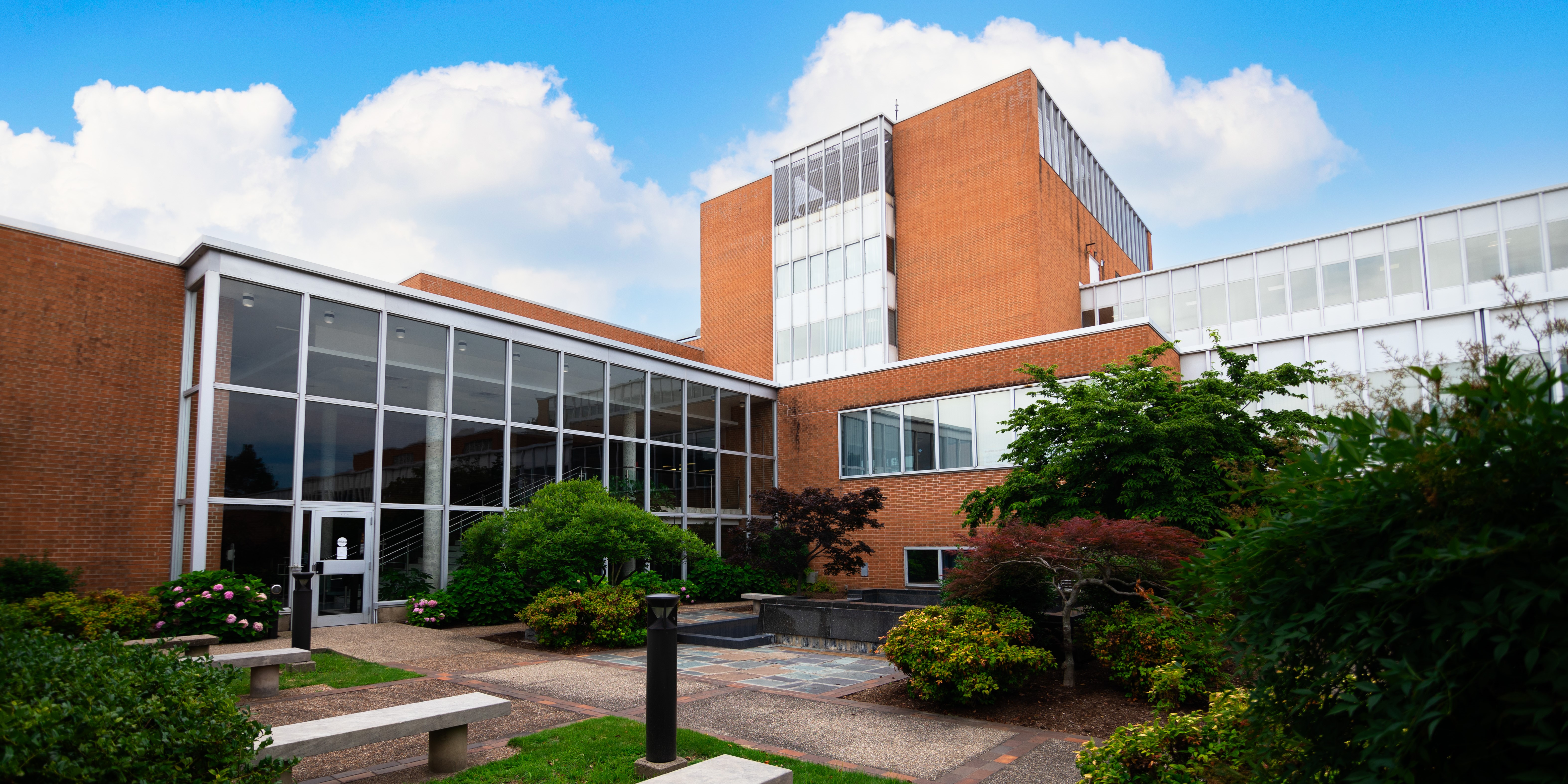 Student Center courtyard with luscious greenery and a blue sky.